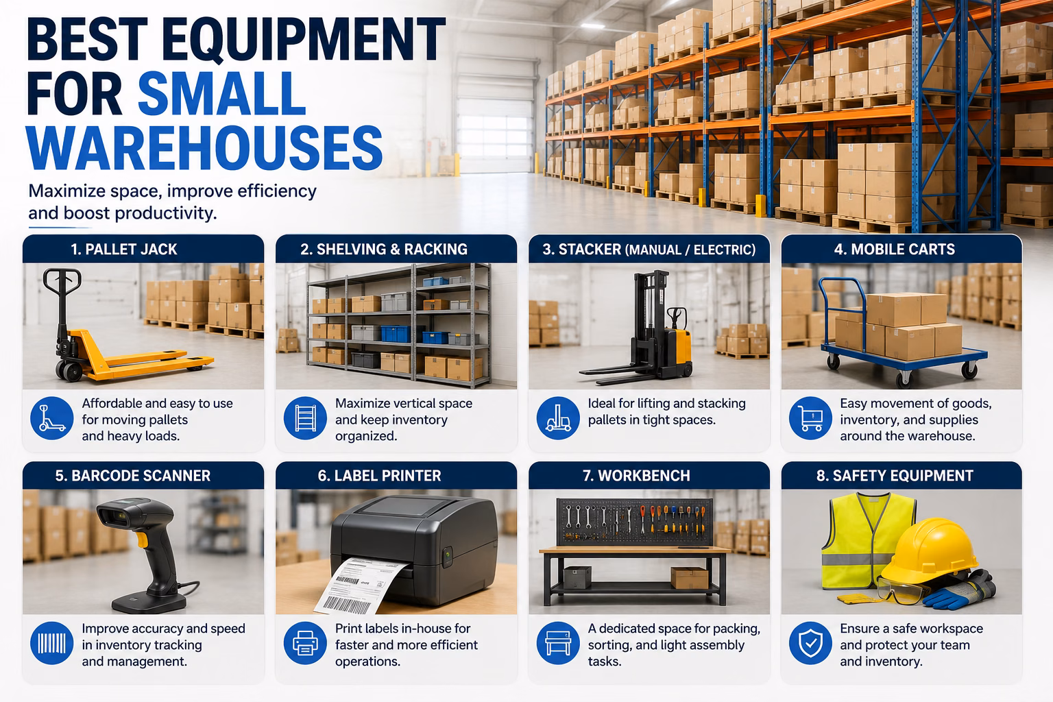 Image showcasing the best equipment for small warehouses.